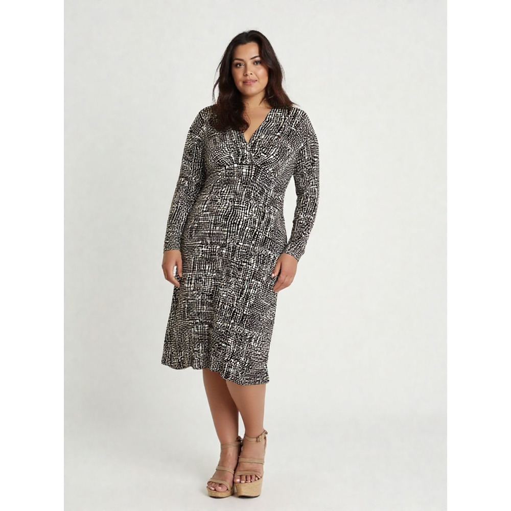 Ann Taylor Long Sleeve Wrap Midi Dress – Brown & White 14 – VGC